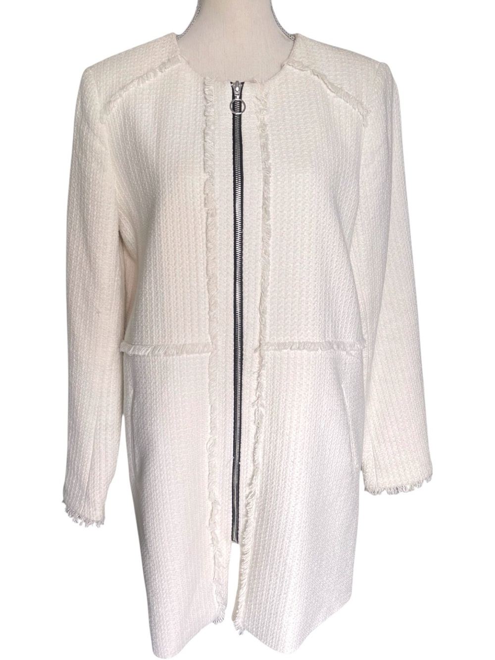 DEX Ivory/Cream Cotton Blend Zip-Front Bouclé Short Fringe Accent Coatigan (L)